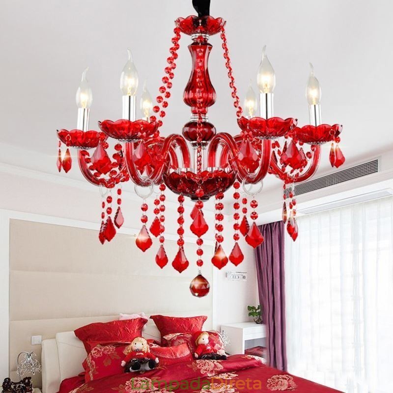 Lustre de cristal de luxo europeu vermelho cor pingente luz