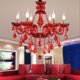 Lustre de cristal elegante europeu, cor vermelha, pingente de luz