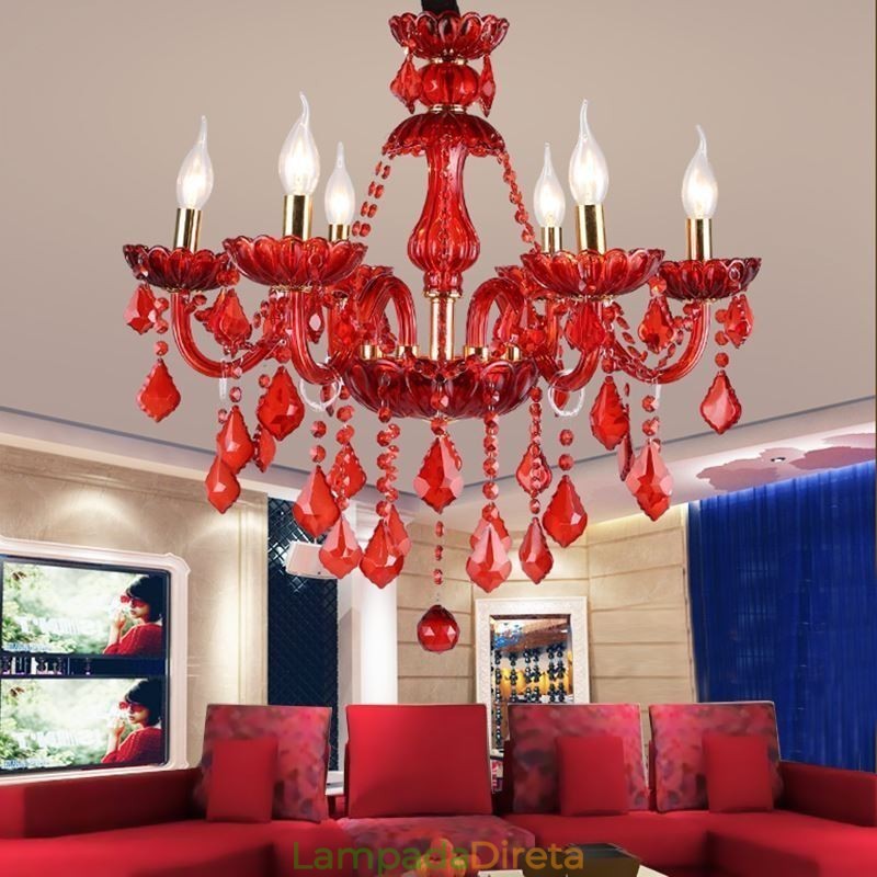 Lustre de cristal elegante europeu, cor vermelha, pingente de luz