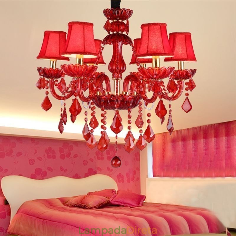 Lustre de cristal elegante europeu, cor vermelha, pingente de luz