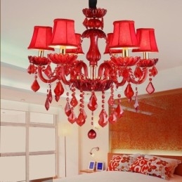 Lustre de cristal elegante europeu, cor vermelha, pingente de luz