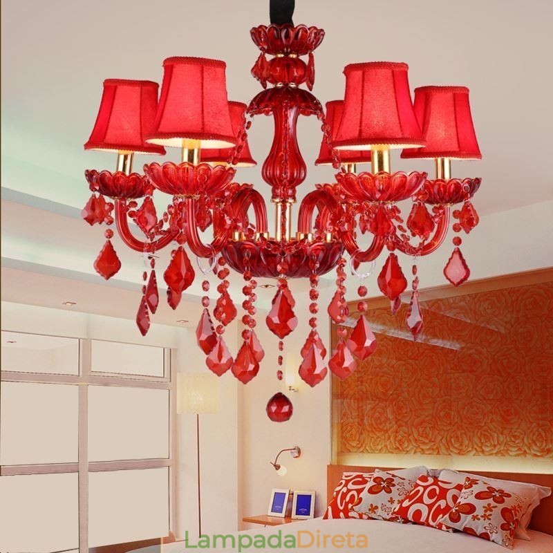 Lustre de cristal elegante europeu, cor vermelha, pingente de luz