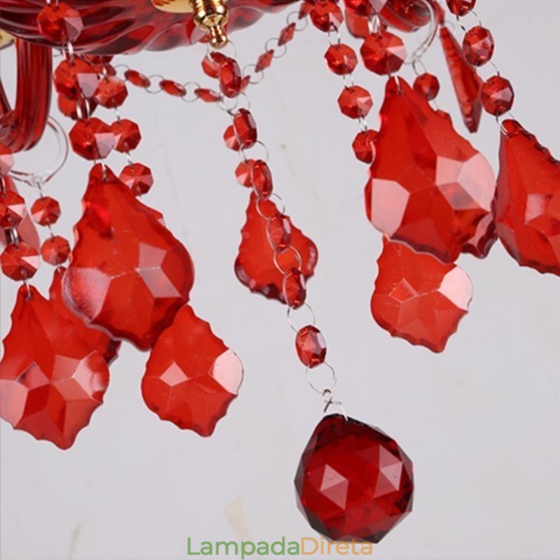 Lustre de cristal elegante europeu, cor vermelha, pingente de luz