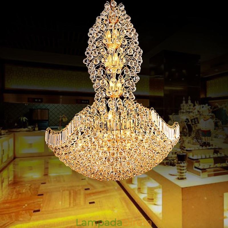 Lustre de Cristal Império Europeu Grande Luminária Pendente Cor Dourada