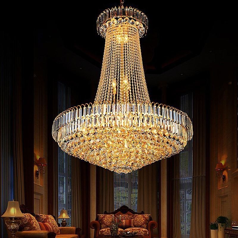 Elegante lustre de cristal europeu pendente luz longa lustre suspenso duplex escada