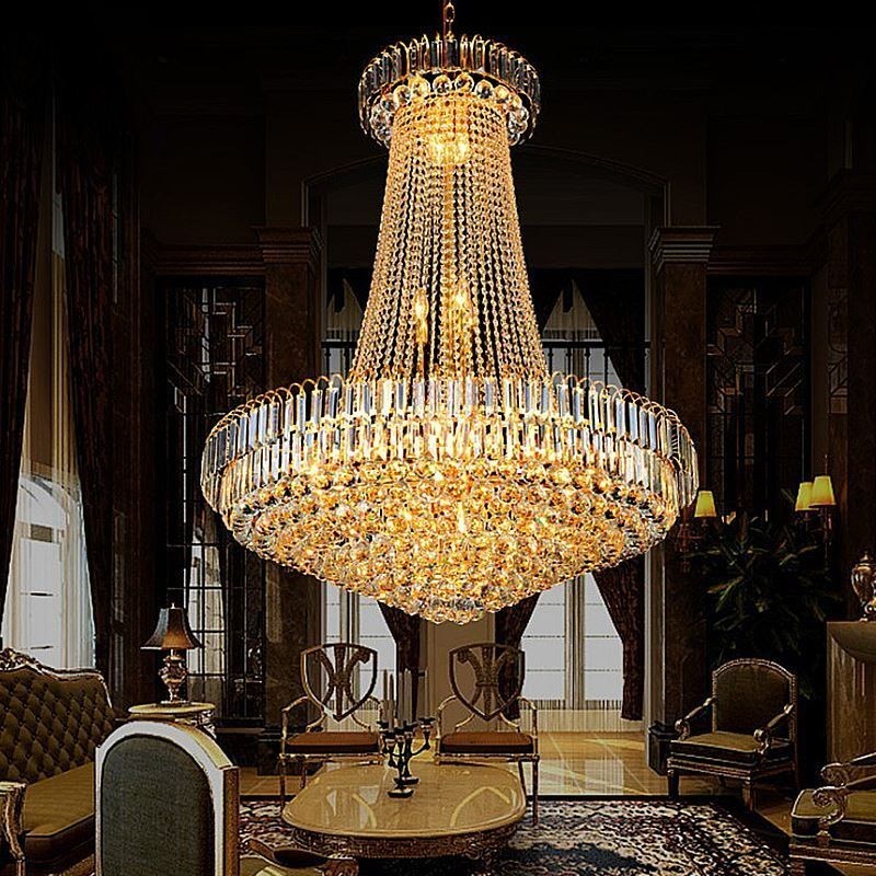 Elegante lustre de cristal europeu pendente luz longa lustre suspenso duplex escada