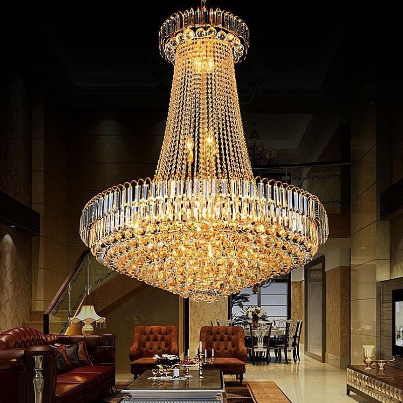 Elegante lustre de cristal europeu pendente luz longa lustre suspenso duplex escada