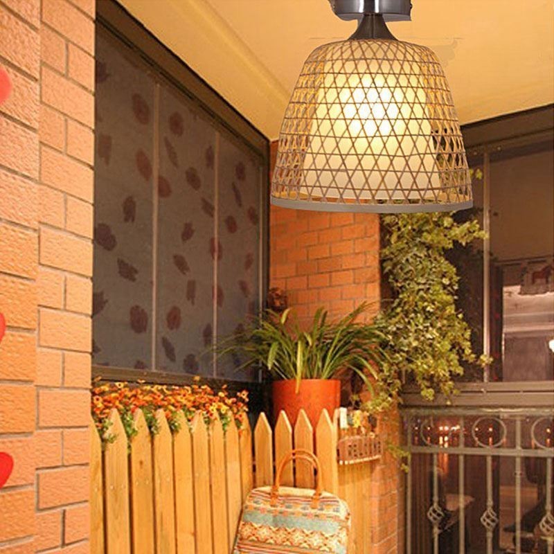 Luminária de teto redonda criativa semi-embutida de bambu para iluminação de vestíbulo