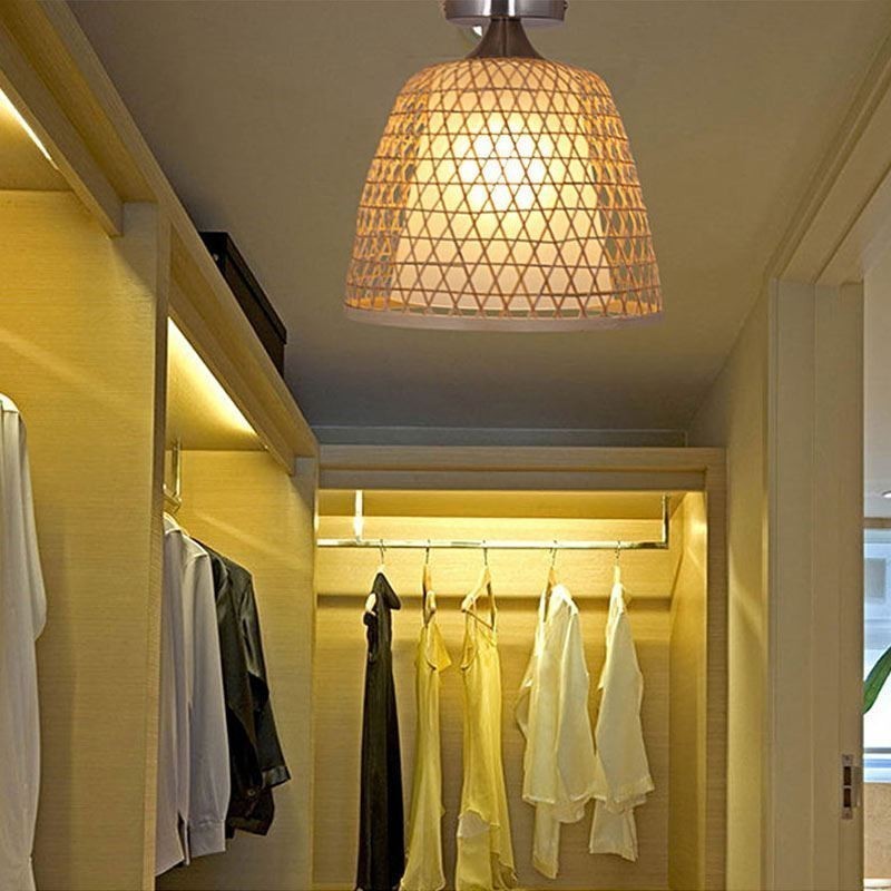 Luminária de teto redonda criativa semi-embutida de bambu para iluminação de vestíbulo