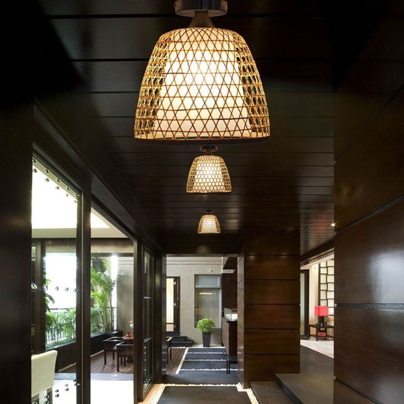 Luminária de teto redonda criativa semi-embutida de bambu para iluminação de vestíbulo
