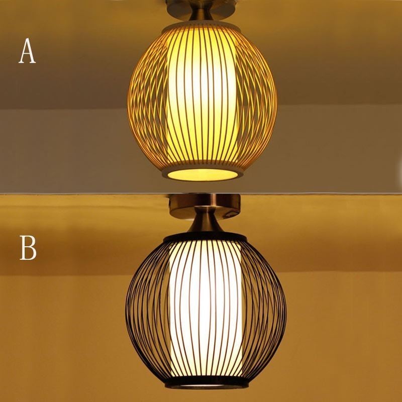Luminária de teto redonda de bambu criativa semi embutida exclusiva para iluminação de varanda