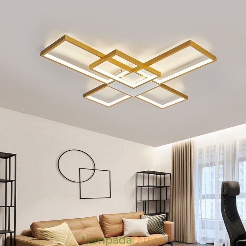 Luminária de teto minimalista embutida com cinco quadrados, ajustável continuamente e com controle remoto de 92 W