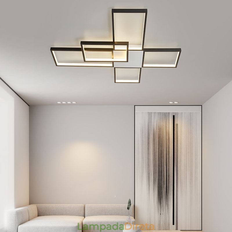 Luminária de teto minimalista embutida com cinco quadrados, ajustável continuamente e com controle remoto de 92 W