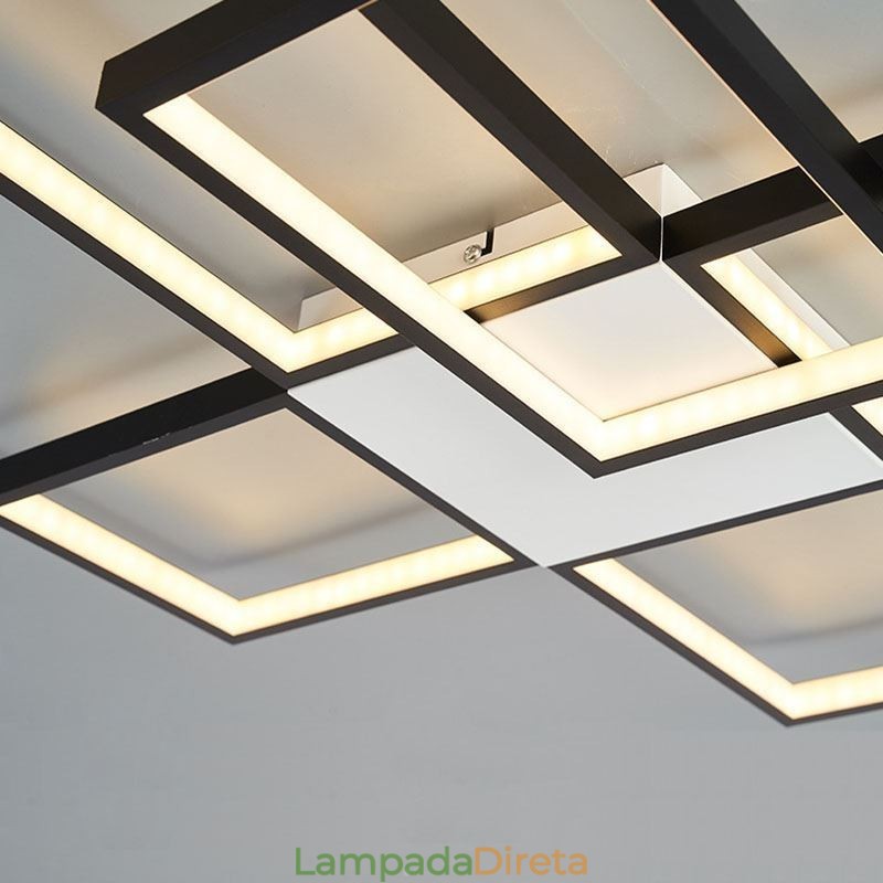 Luminária de teto minimalista embutida com cinco quadrados, ajustável continuamente e com controle remoto de 92 W