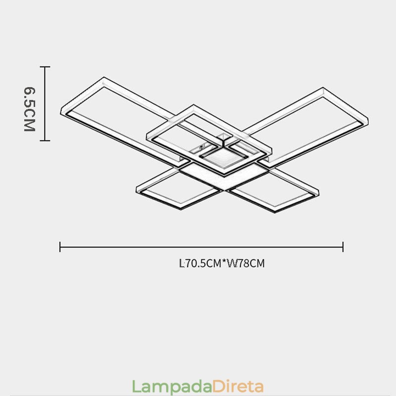 Luminária de teto minimalista embutida com cinco quadrados, ajustável continuamente e com controle remoto de 92 W