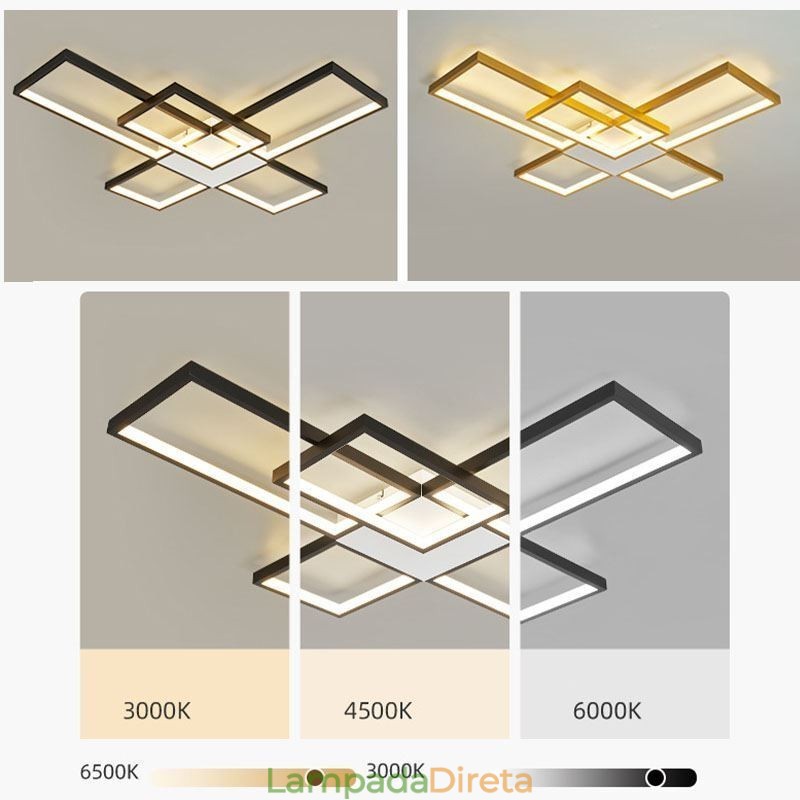 Luminária de teto minimalista embutida com cinco quadrados, ajustável continuamente e com controle remoto de 92 W