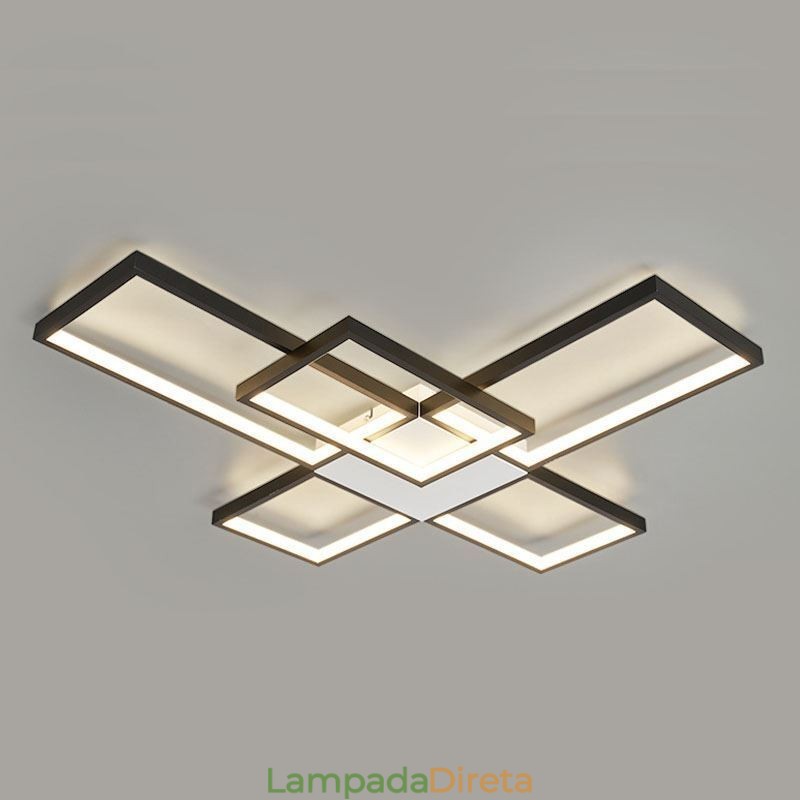 Luminária de teto minimalista embutida com cinco quadrados, ajustável continuamente e com controle remoto de 92 W