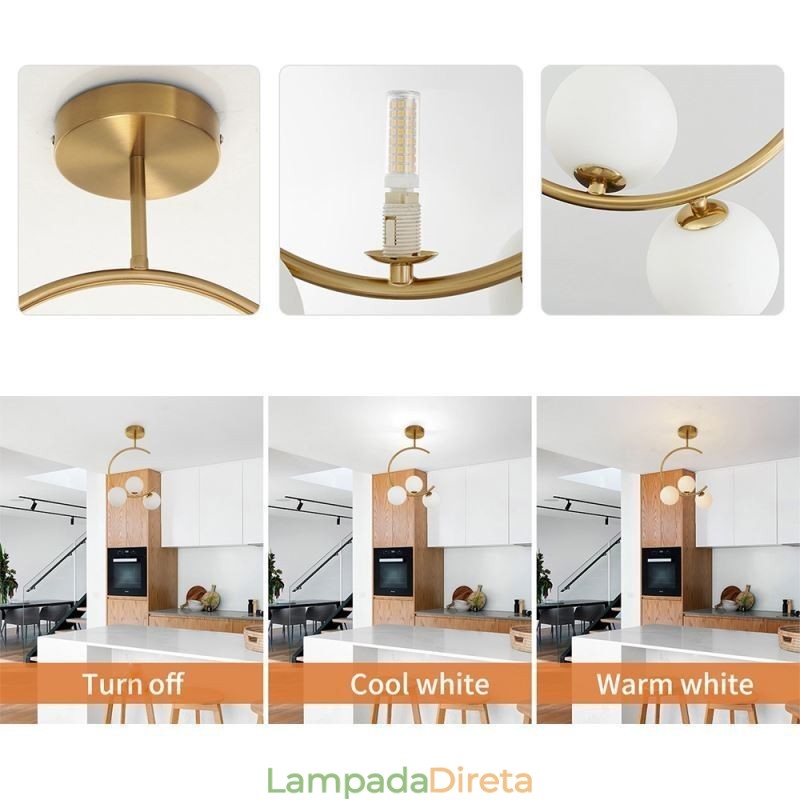 Luminária de teto moderna e simples embutida de três cabeças em vidro branco leitoso G9 5W