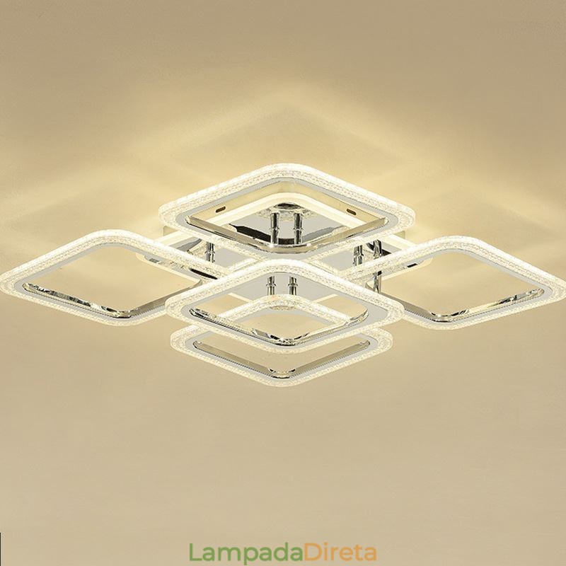 Luminária de teto quadrada em acrílico cromado embutida com 5 luzes