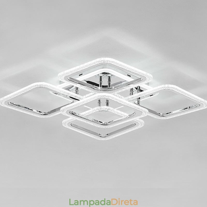 Luminária de teto quadrada em acrílico cromado embutida com 5 luzes