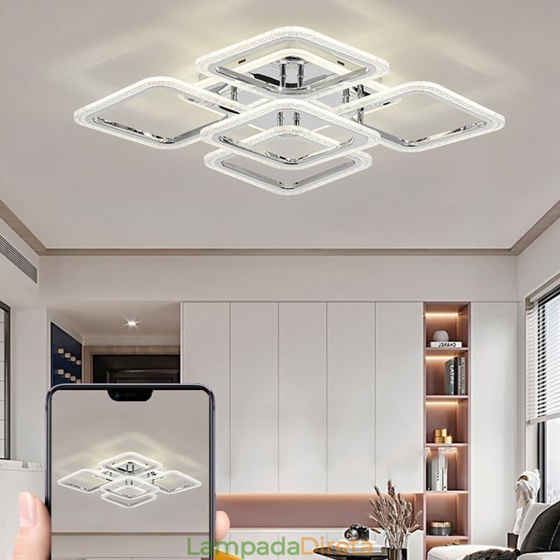 Luminária de teto quadrada em acrílico cromado embutida com 5 luzes