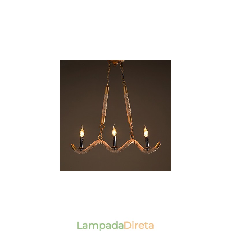 Lustre de cânhamo com vela, pingente vintage, ferro forjado, onda, corda de cânhamo, lustre