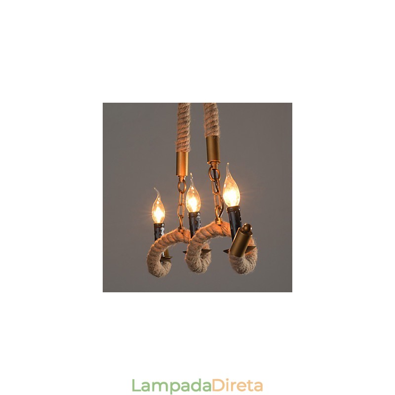 Lustre de cânhamo com vela, pingente vintage, ferro forjado, onda, corda de cânhamo, lustre