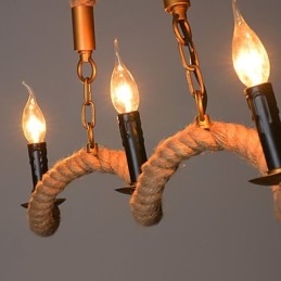 Lustre de cânhamo com vela, pingente vintage, ferro forjado, onda, corda de cânhamo, lustre