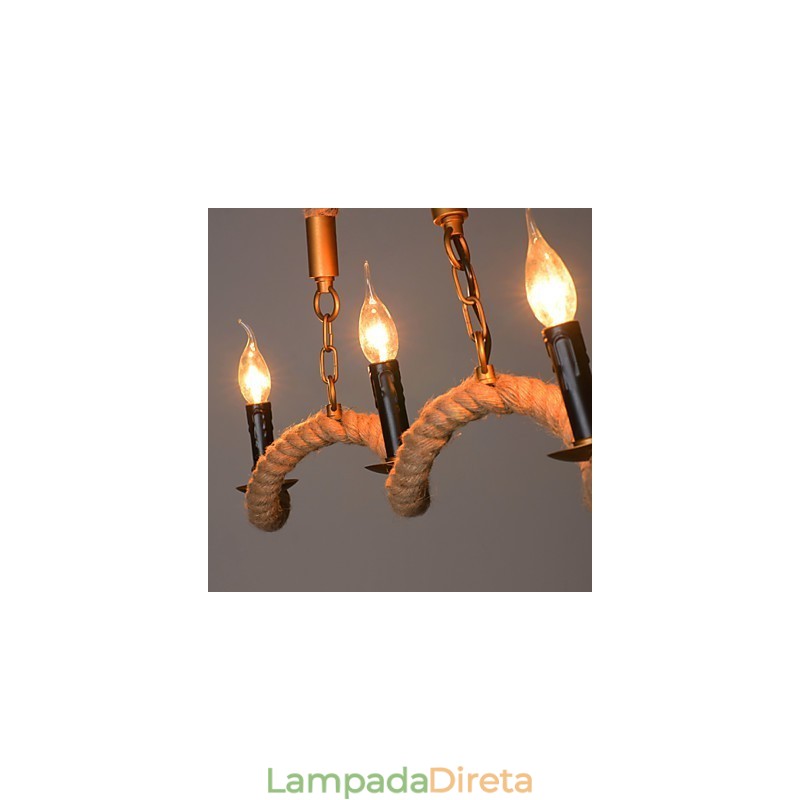 Lustre de cânhamo com vela, pingente vintage, ferro forjado, onda, corda de cânhamo, lustre