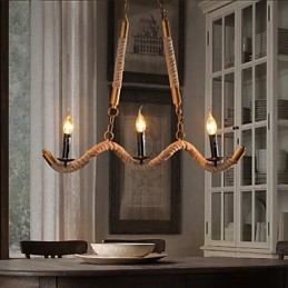 Lustre de cânhamo com vela, pingente vintage, ferro forjado, onda, corda de cânhamo, lustre