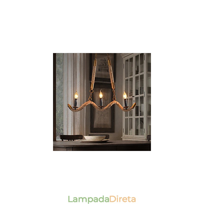 Lustre de cânhamo com vela, pingente vintage, ferro forjado, onda, corda de cânhamo, lustre