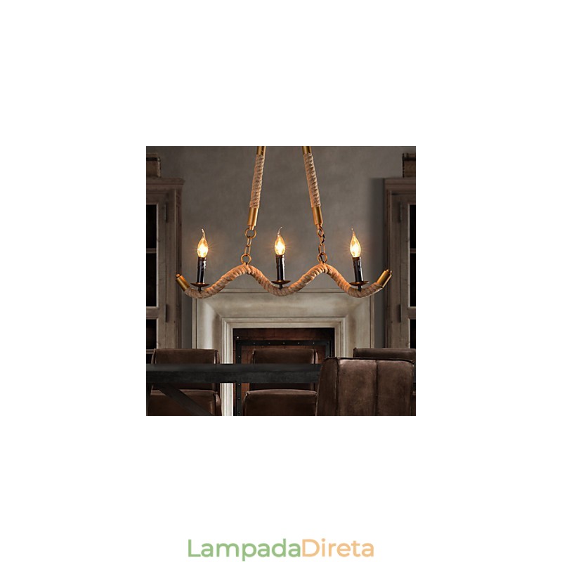Lustre de cânhamo com vela, pingente vintage, ferro forjado, onda, corda de cânhamo, lustre