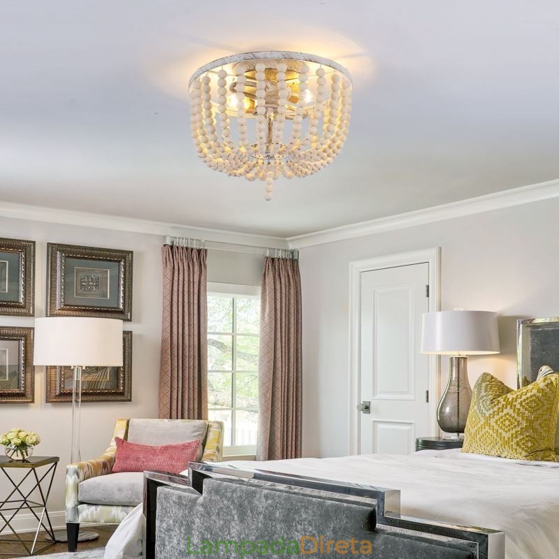 Luminária embutida de teto com contas de madeira de fazenda, 3 luminárias