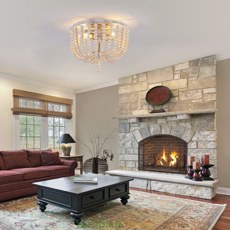 Luminária embutida de teto com contas de madeira de fazenda, 3 luminárias