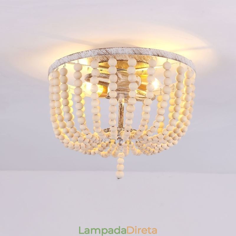 Luminária embutida de teto com contas de madeira de fazenda, 3 luminárias