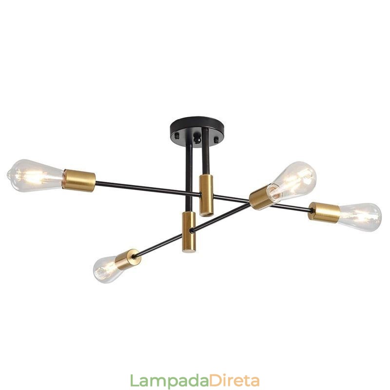 Lustre Sputnik Preto de 4 Luzes, Luminária de Teto Semi Embutida de Meio Século