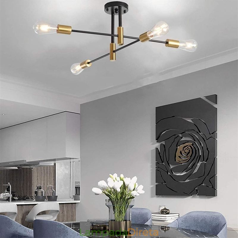 Lustre Sputnik Preto de 4 Luzes, Luminária de Teto Semi Embutida de Meio Século