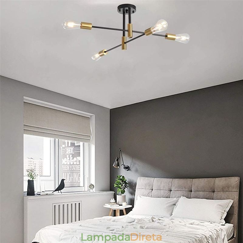 Lustre Sputnik Preto de 4 Luzes, Luminária de Teto Semi Embutida de Meio Século