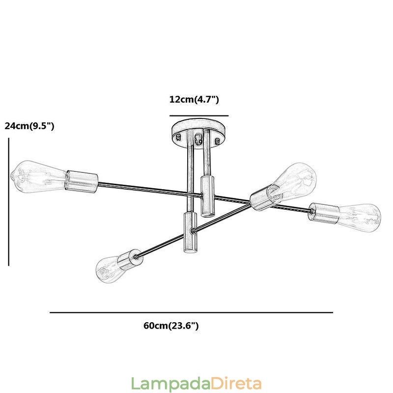 Lustre Sputnik Preto de 4 Luzes, Luminária de Teto Semi Embutida de Meio Século
