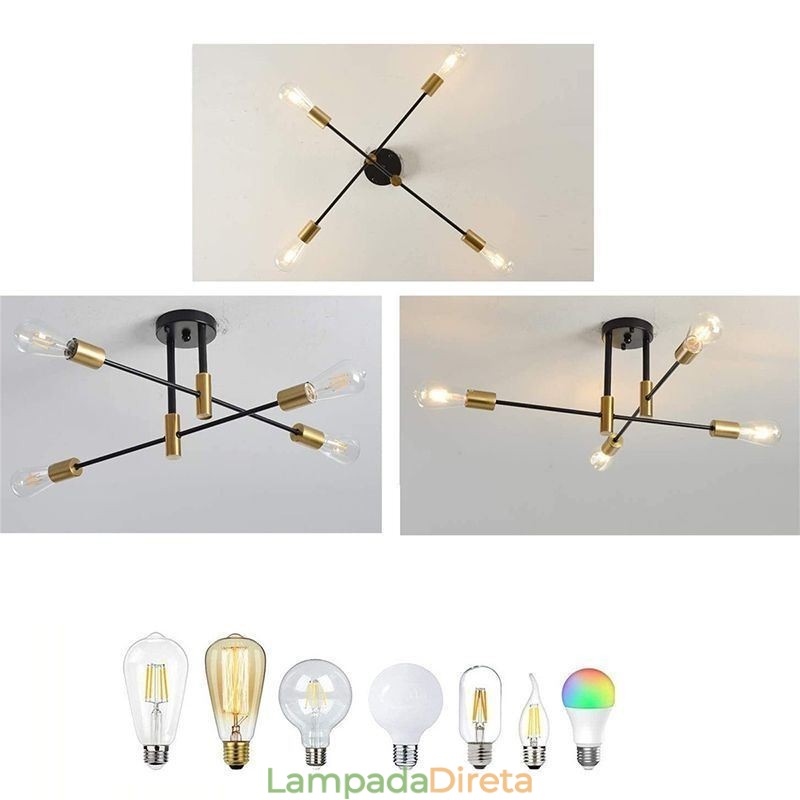 Lustre Sputnik Preto de 4 Luzes, Luminária de Teto Semi Embutida de Meio Século