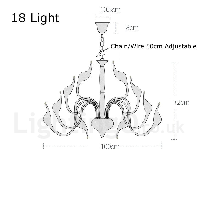 Lustre moderno de cisne de aço inoxidável com 18 luzes G4 com acabamento branco