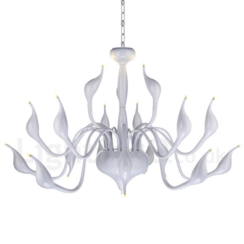 Lustre moderno de cisne de aço inoxidável com 18 luzes G4 com acabamento branco