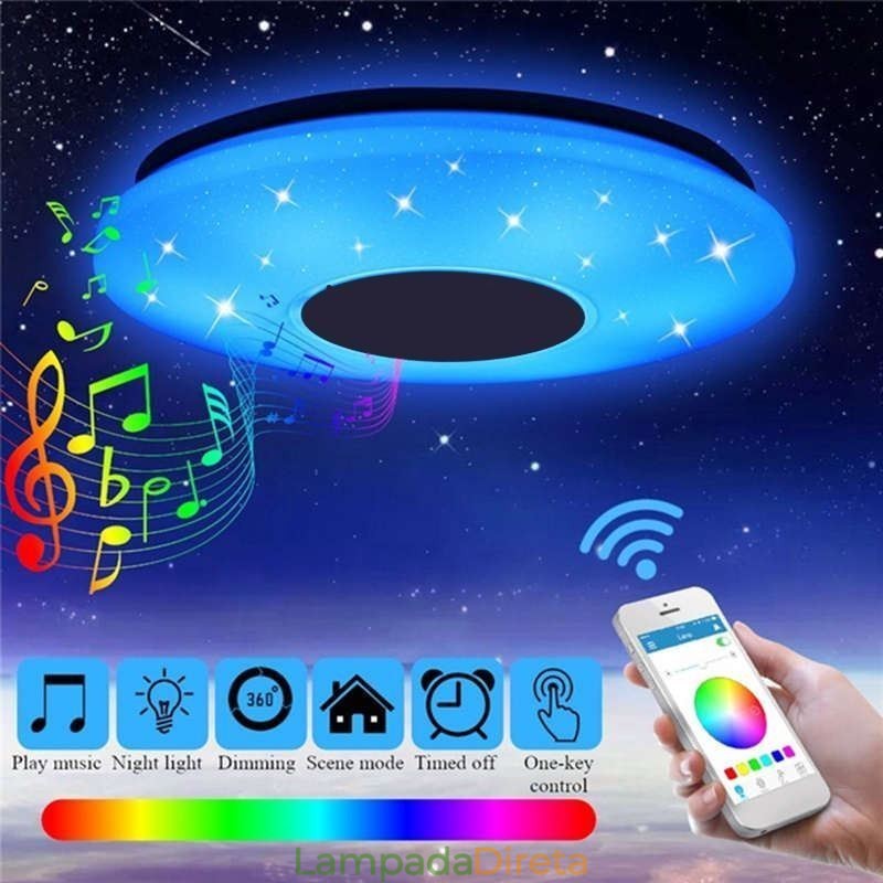 Luminária de teto colorida embutida com função de temporização de alto-falante musical Bluetooth
