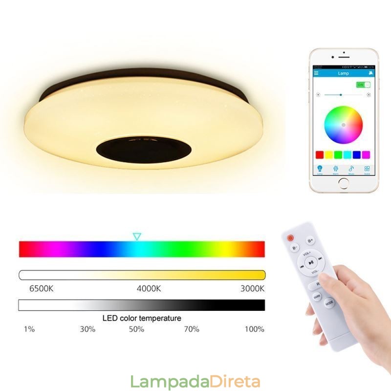 Luminária de teto colorida embutida com função de temporização de alto-falante musical Bluetooth