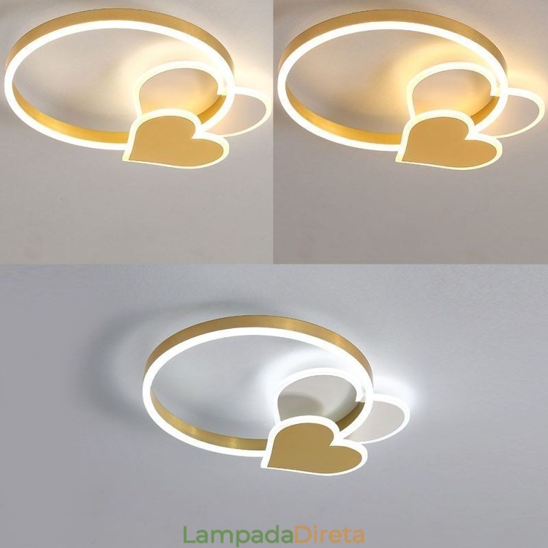Luminária de teto moderna de acrílico embutida dourada com dois corações
