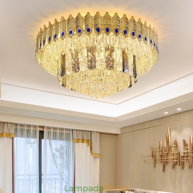 Cristal Flush Mount redondo galvanizado Phoenix Tail ouro luxo decorativo luz de teto
