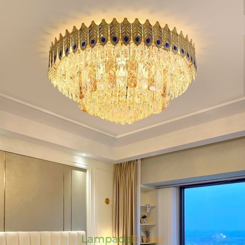 Cristal Flush Mount redondo galvanizado Phoenix Tail ouro luxo decorativo luz de teto