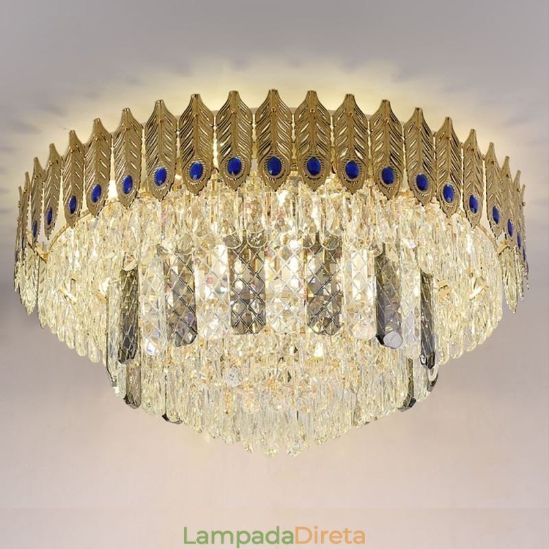 Cristal Flush Mount redondo galvanizado Phoenix Tail ouro luxo decorativo luz de teto
