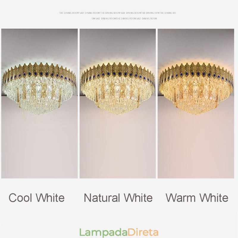 Cristal Flush Mount redondo galvanizado Phoenix Tail ouro luxo decorativo luz de teto