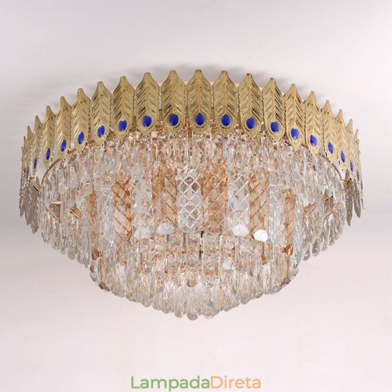 Cristal Flush Mount redondo galvanizado Phoenix Tail ouro luxo decorativo luz de teto